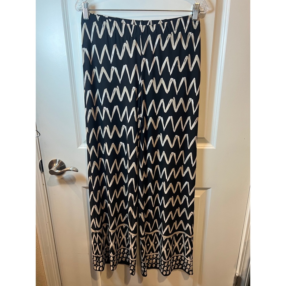 Chico's Women Wide Leg Pants Geometric Border Print Black Cream Size 0